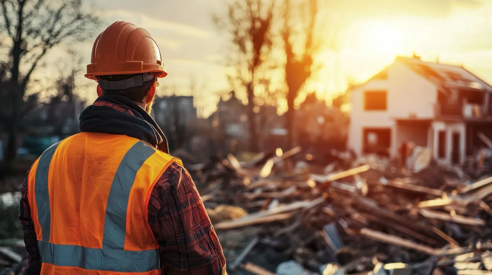Construction worker surveying storm-damaged property for disaster recovery